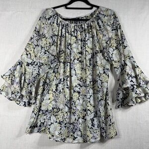 Chaps Black Floral Ruffle-Sleeve Peasant Blouse